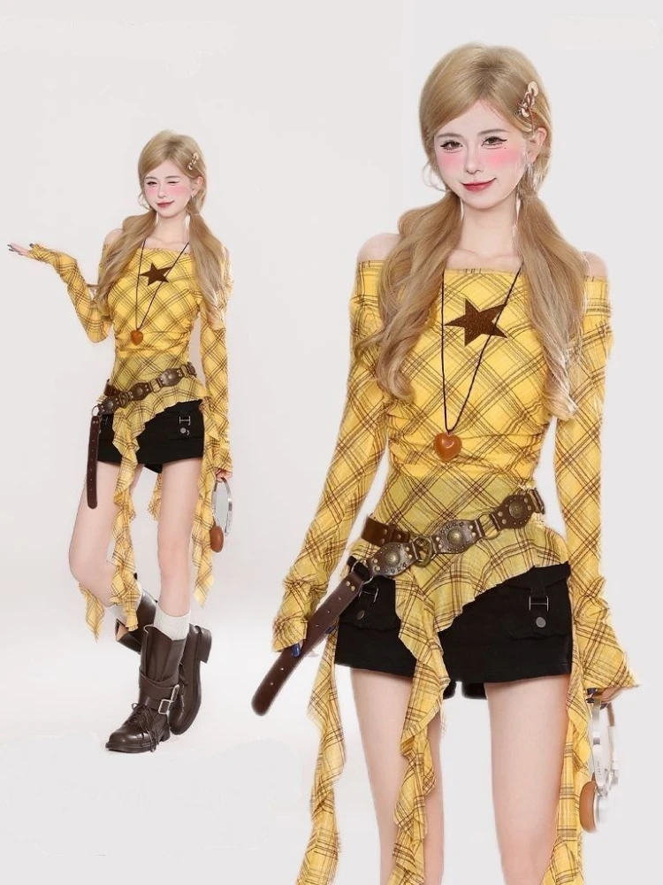 Y2K Plaid Slash Neck Vintage T - огляд і ціна Embroidery
