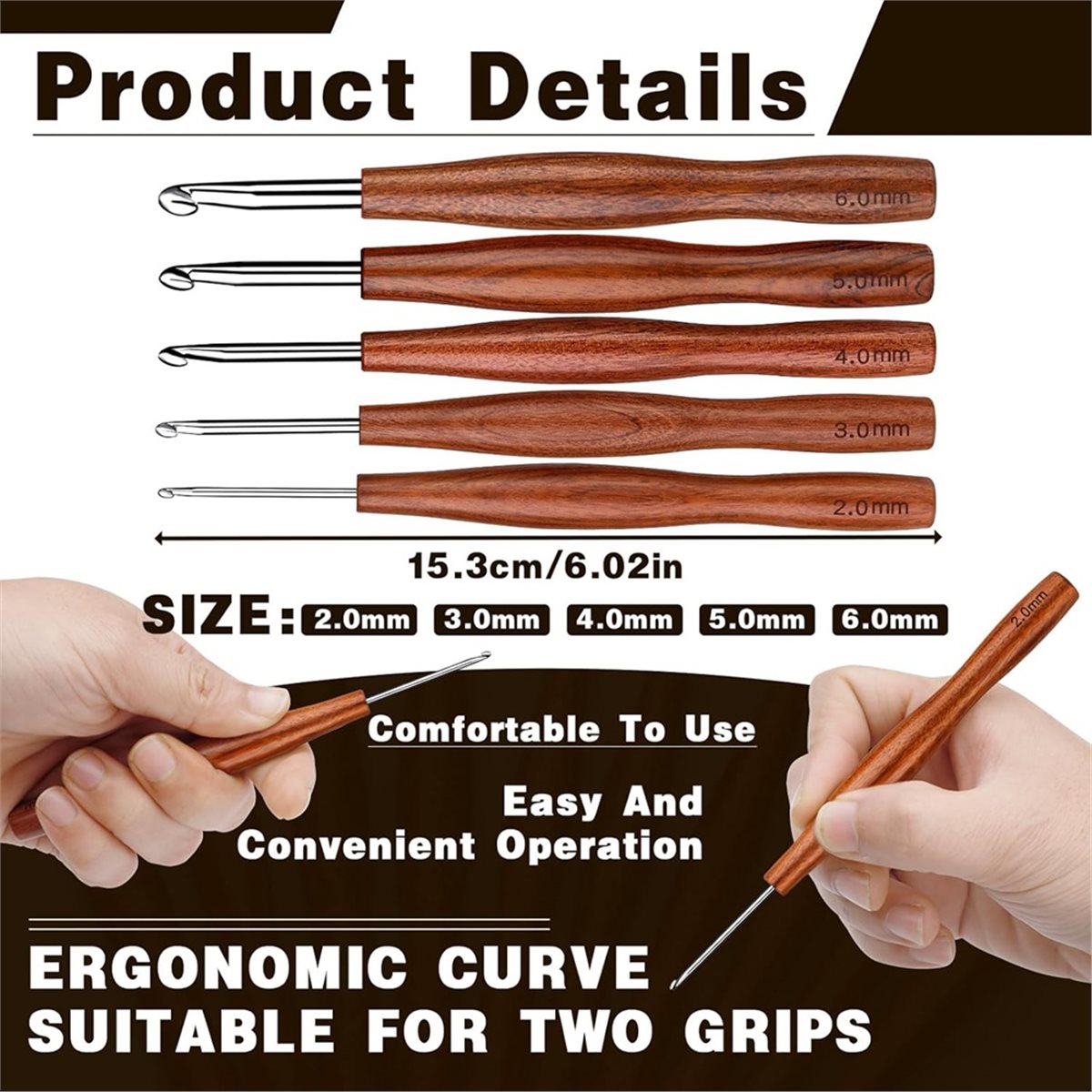 NOCM 5 Pcs Crochet Hook, 5 Siz - огляд і ціна Wooden Crochet Hooks Ergonomic Handle